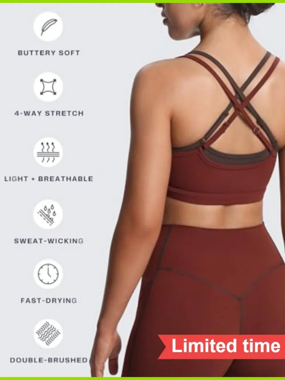 Double Layer High Impact Sports Bra, Cross-Back, Removable Pads, 75% Nylon 25%